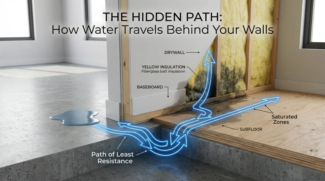 Hidden Water Migration Path Behind Drywall And Subfloor