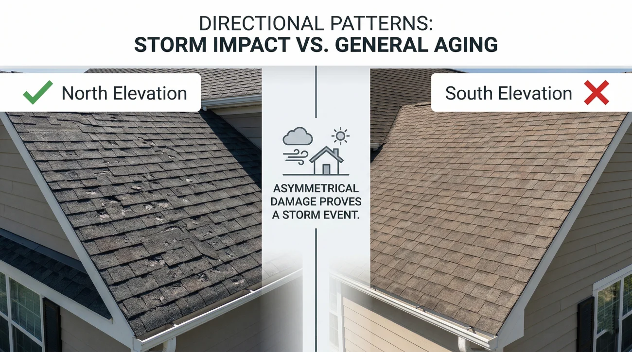 Directional Storm Damage Vs Uniform Roof Wear Comparison