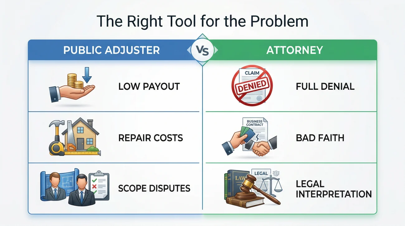Comparison Table For Choosing A Public Adjuster Vs An Insurance Attorney