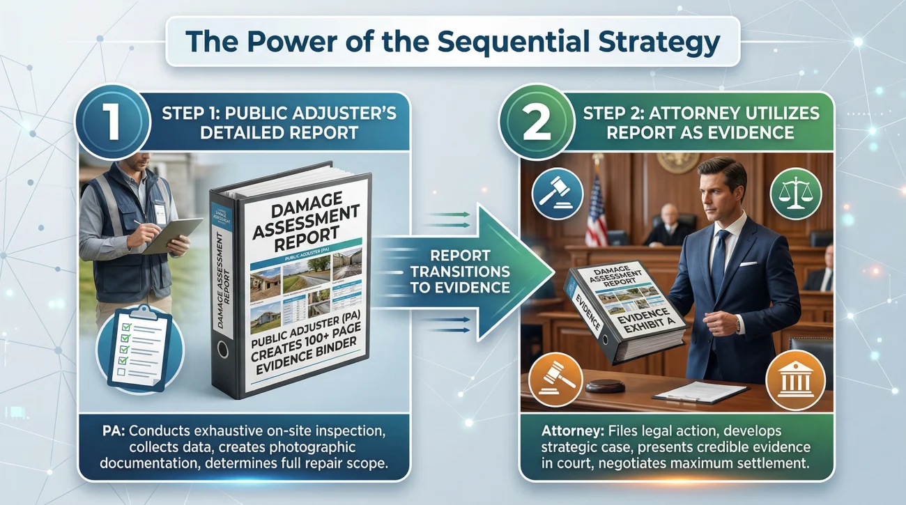 Workflow Of A Public Adjuster Building Evidence For An Insurance Attorney